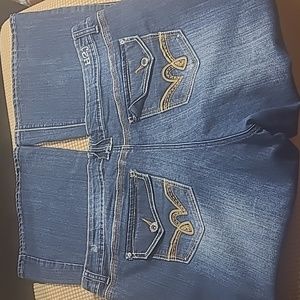 H2J Womens 24W denim blue jean boot flare cut stretchy with embroidered pockets
